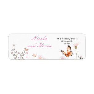 Etiqueta Casamento Floral com Borboleta Rosa Profunda prima