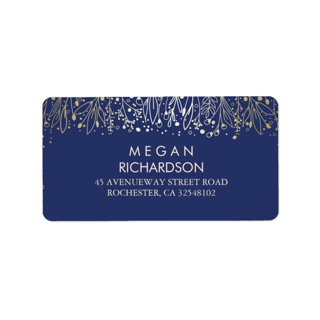 Etiqueta Casamento Floral Dourado e Marinho de Respiração d (Frente)