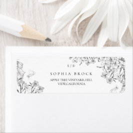 Etiqueta Casamento Floral Preto e Branco Clássico Elegante