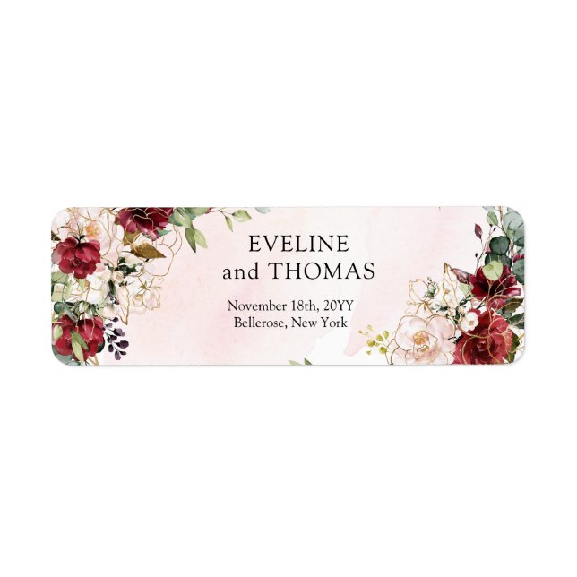 Etiqueta Casamento geométrico de ouro vermelho-escuro (Frente)