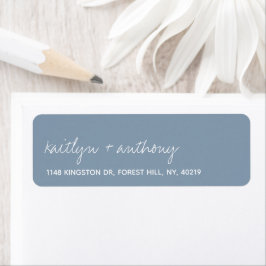 Etiqueta Casamento Minimalista Azul Dusty de Script Moderno