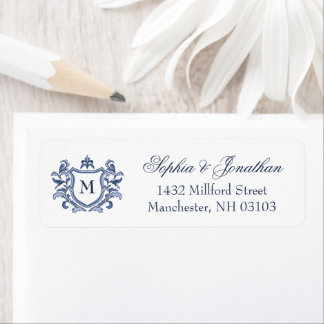 Etiqueta Casamento Monograma do Brasão Vintage Azul