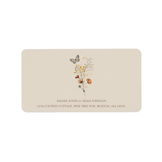 Etiqueta Casamento Rustic Brown Wildflower e Borboletas (Frente)