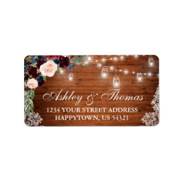 Etiqueta Casamento Rustic Wood Jar Lights Lace Endereço Flo