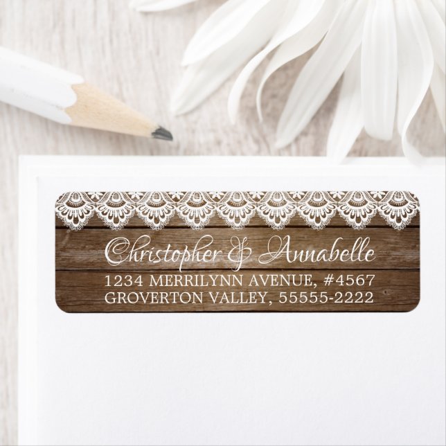 Etiqueta Casamento Rústico de Madeira e Lace Elegante (Insitu)