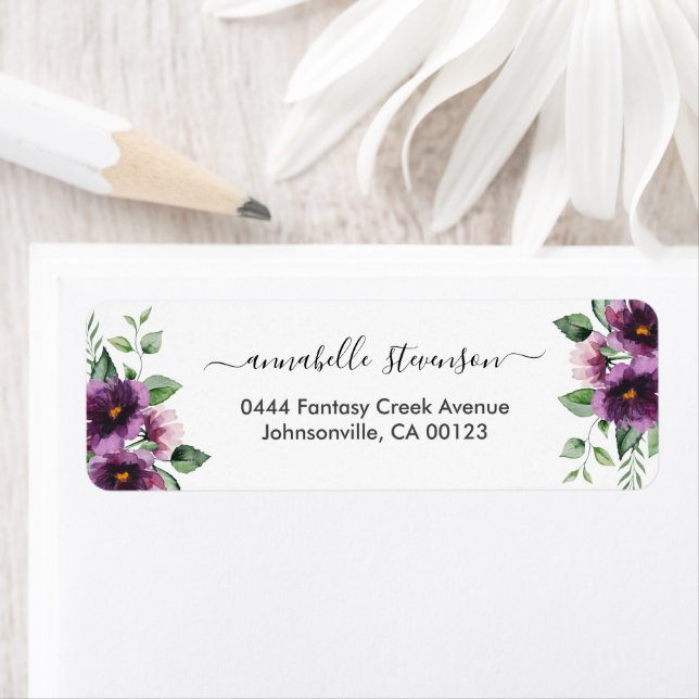 Etiqueta Casamento Verde Púrpura Floral Elegante (Insitu)