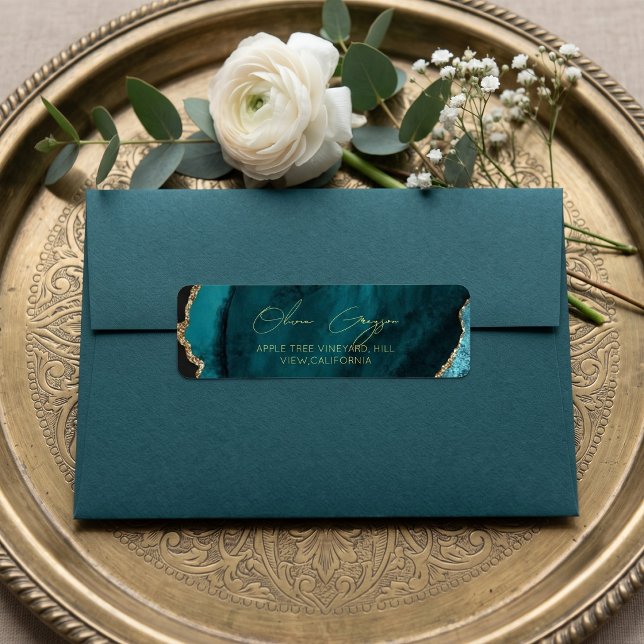 Etiqueta Casamento Verde Turquesa de Mármore Moderno  (Criador carregado)