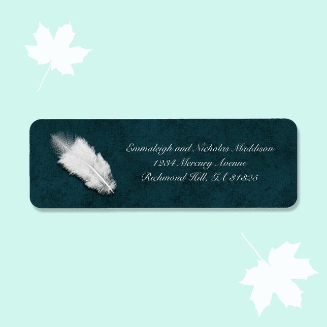 Etiqueta Casamento White Feather Moody Teal Return Endereço (Criador carregado)
