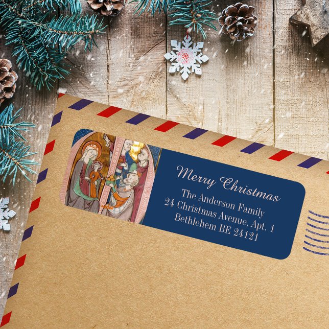 Etiqueta Católica Medieval Feliz Natal Epiphany Magi (Medieval Catholic Christian Merry Christmas Epiphany Three Magi Kings Return Address Label)