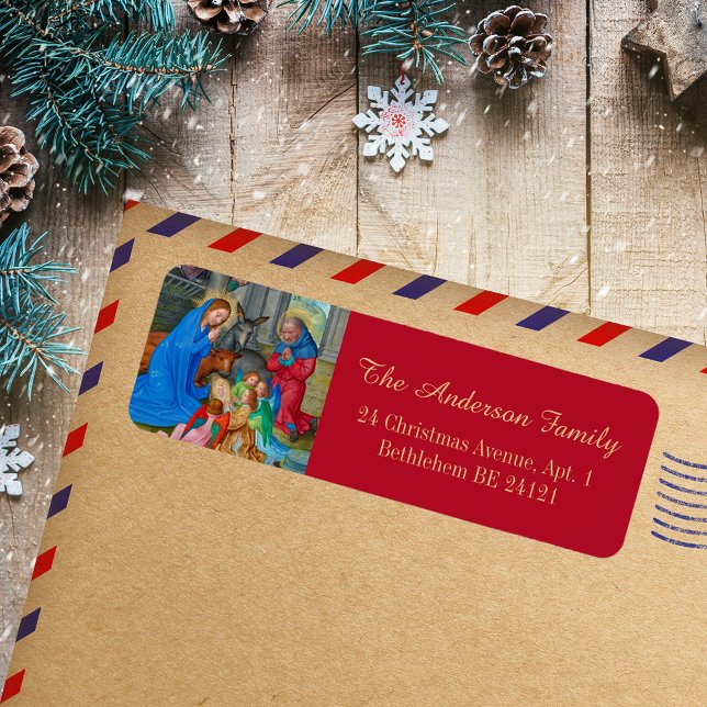 Etiqueta Católico religioso católico medieval (Christmas Religious Catholic Christian Nativity Scene Medieval Art Holiday Return Address Labels)