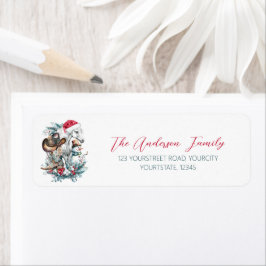 Etiqueta Cavalo de Natal em chapéu de Papai Noel botas de v