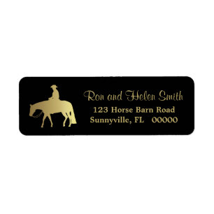 Etiqueta Cavalo ocidental dourado do prazer no preto