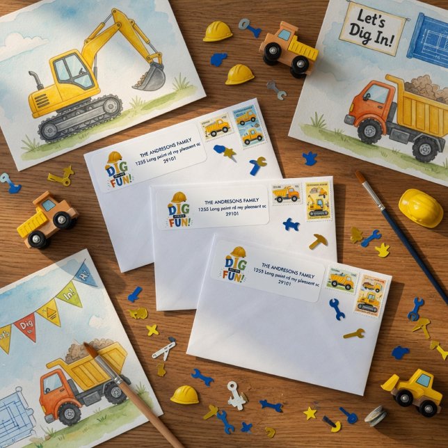Etiqueta Cavando a Diversão Aniversário de Construção  (Criador carregado)