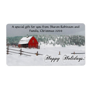 Etiqueta Cena da neve do inverno com celeiro vermelho, boas