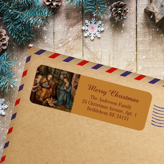 Etiqueta Cena de Natal Feliz, Católica Cristã (Merry Christmas Classic Vintage Nativity Scene Religious Christian Catholic Return Address Label)