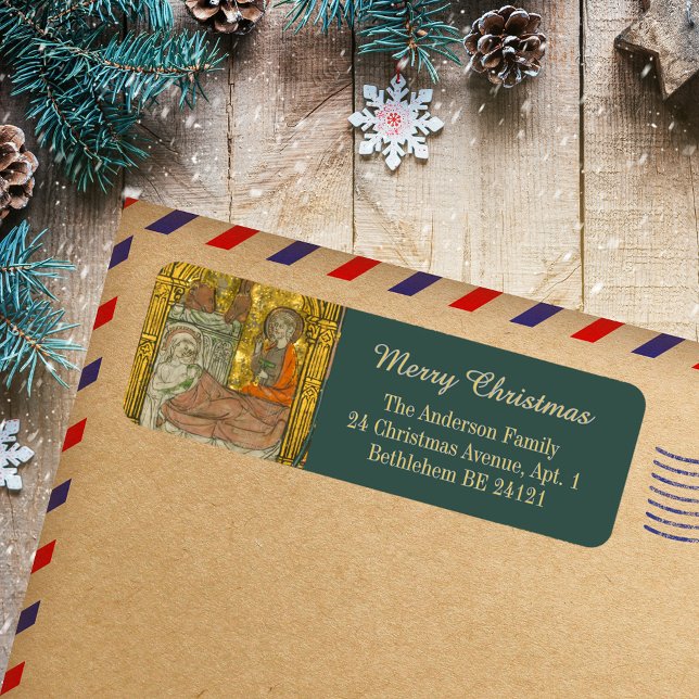 Etiqueta Cena Dourada de Natal Cristão Medieval (Elegant Gold Medieval Vintage Christian Christmas Catholic Nativity Scene Return Address Label)
