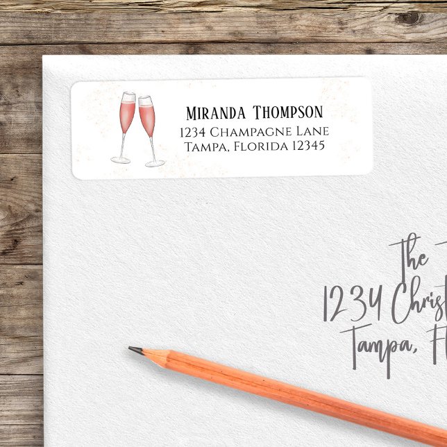 Etiqueta Champagne Rosa de Casamento em Aquarela (Pink champagne return address label with bubbly champagne artwork. )