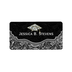 Etiqueta Chapéu de Graduação de Paisley Floral Preto e Bran