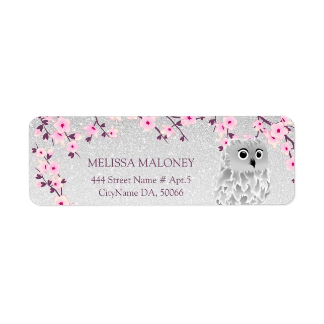 Etiqueta Cherry Blossom Silver Glitter Owl (Frente)