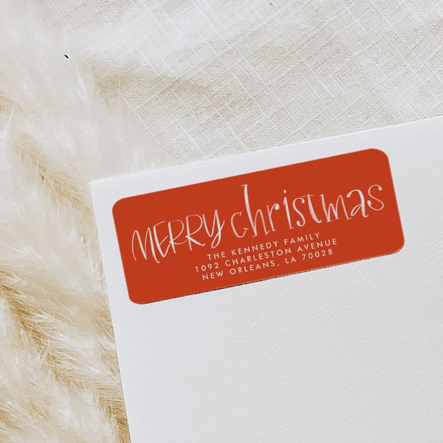 Etiqueta Cherry Red Hand - Adição de Feliz Natal (Red hand lettered red and white festive Christmas return address labels.)