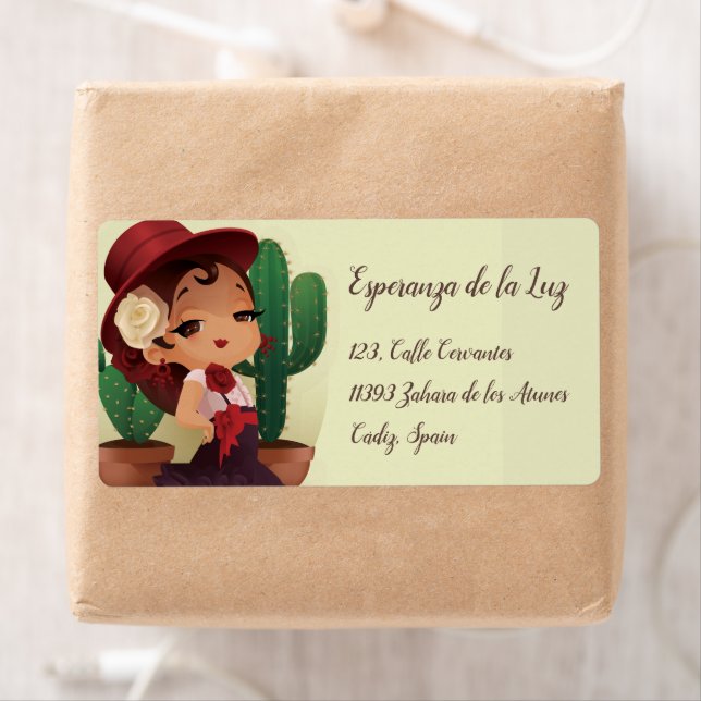 Etiqueta Chibi flamenco em chapéus e cactos espanhóis (Insitu)