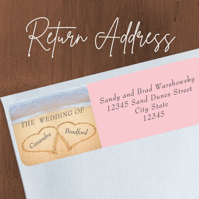 Etiqueta Chic Blush Pink Beach Wedding 2 Heart Sand (Criador carregado)