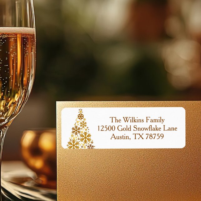 Etiqueta Chic Dourado Snowflakes Árvore de Natal Endereço d (Criador carregado)