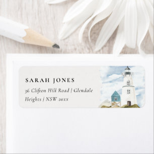 Etiqueta Chic Dusky Aqua Blue Lighthouse Endereço Mountain