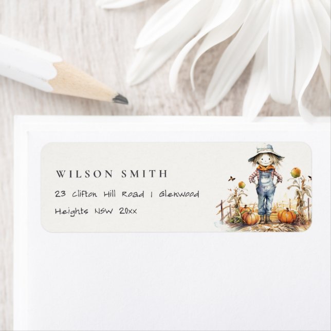 Etiqueta Chic Fall Pumpkin Scarecrow Harvest Kid Endereço (Insitu)