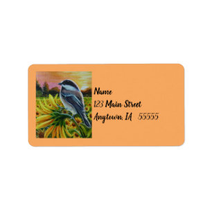 Etiqueta Chickadee Bird Fazenda Sunflower Watercolor Art