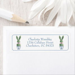 Etiqueta Chinoiserie Azul e Branco Com Topiárias de Coelho
