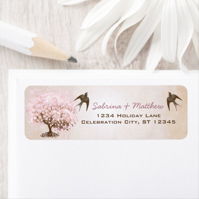 Etiqueta Chocolate Misty Pink Heart Leaf Tree Love Birds (Insitu)