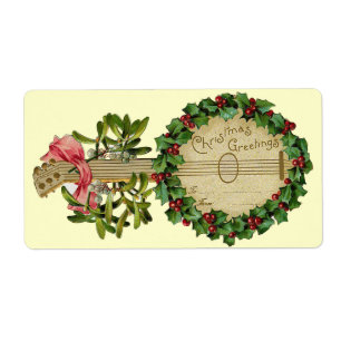 ETIQUETA CHRISTMAS BANJO COM MISTLETOS E HOLLY BERRIES