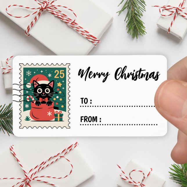 Etiqueta Christmas Black Cat Stamp Sticker Label (Criador carregado)