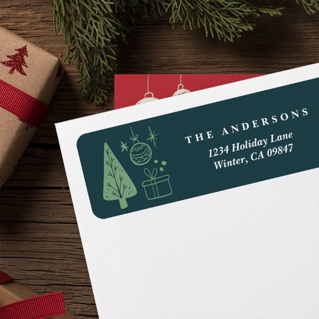 Etiqueta Christmas Green Hand Drawn Doodles Address Labels (Criador carregado)