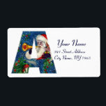 ETIQUETA CHRISTMAS R LETTER / SANTA CLAUS BUGLER<br><div class="desc">R carta inicial,  negrito monograma de Natal design. Pintura colorida,  branca e artística em acrílico para o Natal. Santa Claus,  neve Noite de inverno com ornamentos florais,  gato,  arco vermelho,  plantas decorativas verdes,  fitas vermelhas,  bagas ocas,  marionetes e brinquedos na neve de Búlgaro Lumini (c) com</div>