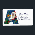 ETIQUETA CHRISTMAS R LETTER / SANTA CLAUS BUGLER<br><div class="desc">R carta inicial,  negrito monograma de Natal design. Pintura colorida,  branca e artística em acrílico para o Natal. Santa Claus,  neve Noite de inverno com ornamentos florais,  gato,  arco vermelho,  plantas decorativas verdes,  fitas vermelhas,  bagas ocas,  marionetes e brinquedos na neve de Búlgaro Lumini (c) com</div>