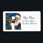 ETIQUETA CHRISTMAS R LETTER / SANTA CLAUS BUGLER<br><div class="desc">R carta inicial,  negrito monograma de Natal design. Pintura colorida,  branca e artística em acrílico para o Natal. Santa Claus,  neve Noite de inverno com ornamentos florais,  gato,  arco vermelho,  plantas decorativas verdes,  fitas vermelhas,  bagas ocas,  marionetes e brinquedos na neve de Búlgaro Lumini (c) com</div>