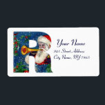 ETIQUETA CHRISTMAS R LETTER / SANTA CLAUS BUGLER<br><div class="desc">R carta inicial,  negrito monograma de Natal design. Pintura colorida,  branca e artística em acrílico para o Natal. Santa Claus,  neve Noite de inverno com ornamentos florais,  gato,  arco vermelho,  plantas decorativas verdes,  fitas vermelhas,  bagas ocas,  marionetes e brinquedos na neve de Búlgaro Lumini (c) com</div>