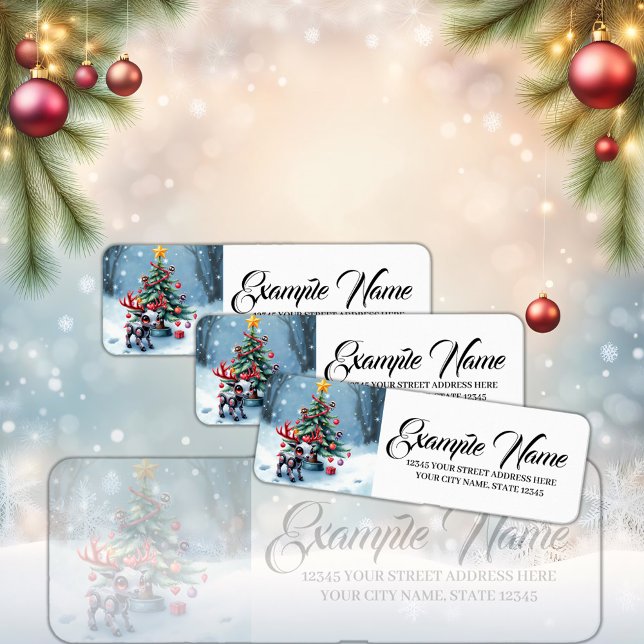 Etiqueta Ciberpunk Reindeer bonito com Árvore de Natal (Criador carregado)