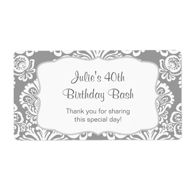 Etiqueta Cinza Damask Water Bottle - personalize-o! (Frente)