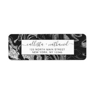 Etiqueta Cinza Negra Moderna Silver Glitter Marble