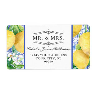Etiqueta Citrus Lemons Greenery Wreath Blue e White Azulejo