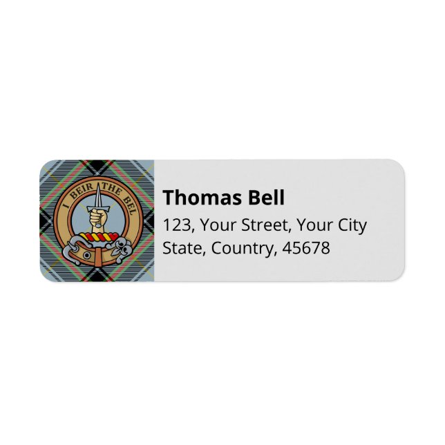 Etiqueta Clan Bell Crest sobre Tartan (Frente)