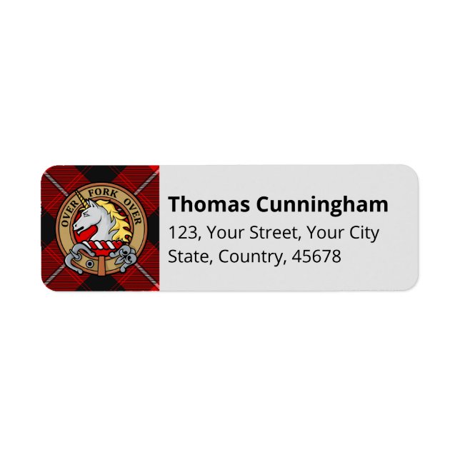 Etiqueta Clan Cunningham Crest sobre Tartan (Frente)