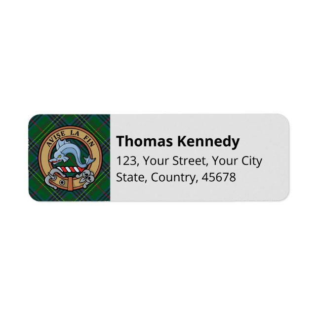 Etiqueta Clan Kennedy Crest sobre Tartan (Frente)