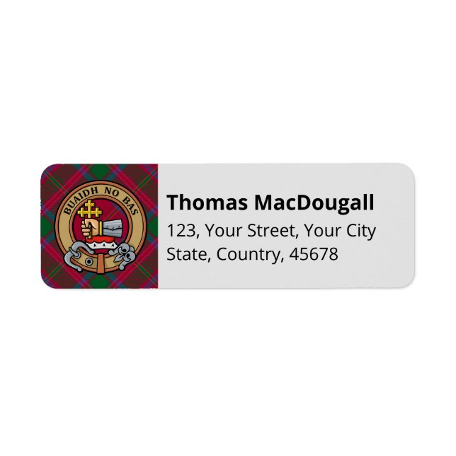 Etiqueta Clan MacDougall Crest sobre Tartan (Frente)