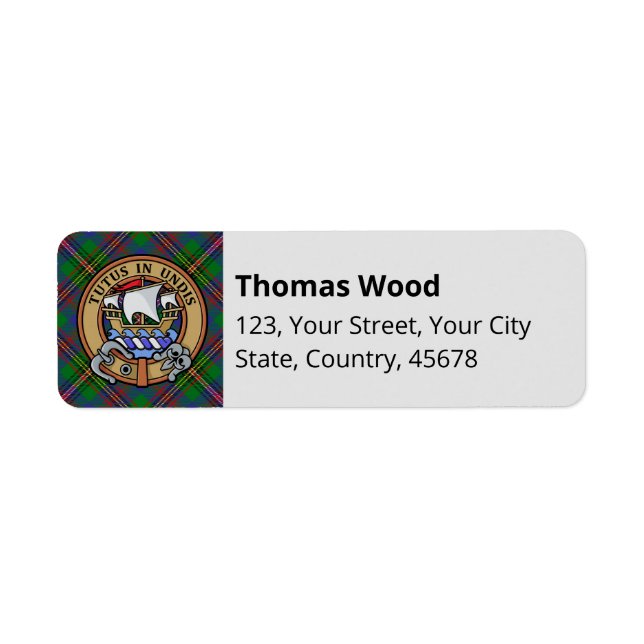 Etiqueta Clan Wood Crest sobre Tartan (Frente)