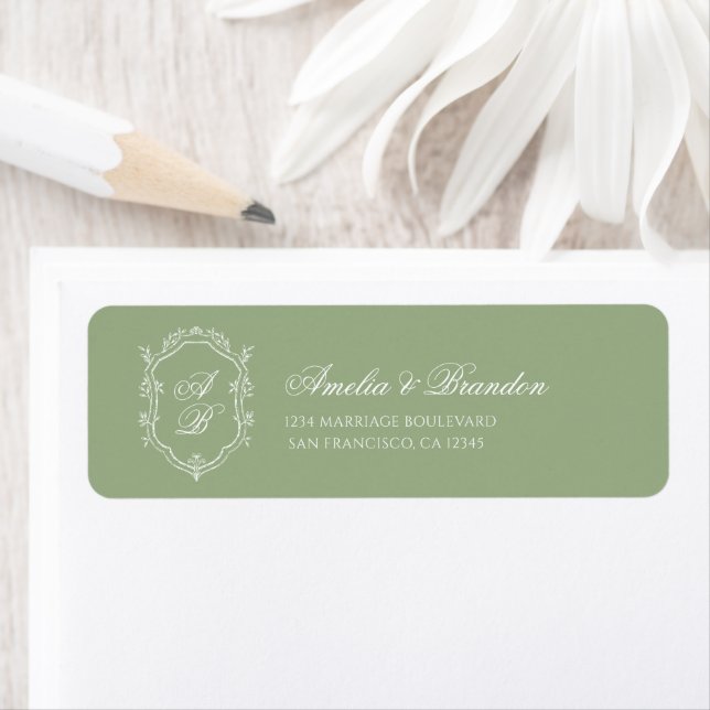 Etiqueta Classic Sage Green & White Monogram Crest Wedding (Insitu)