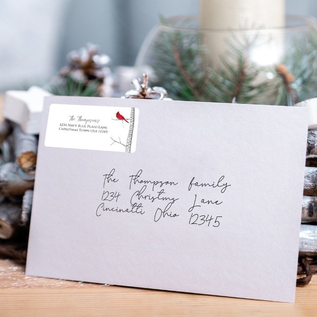 Etiqueta Clássico de Aquarela Simples Cardeal Vermelho de i (Simple winter red cardinal and birch tree return address label. )